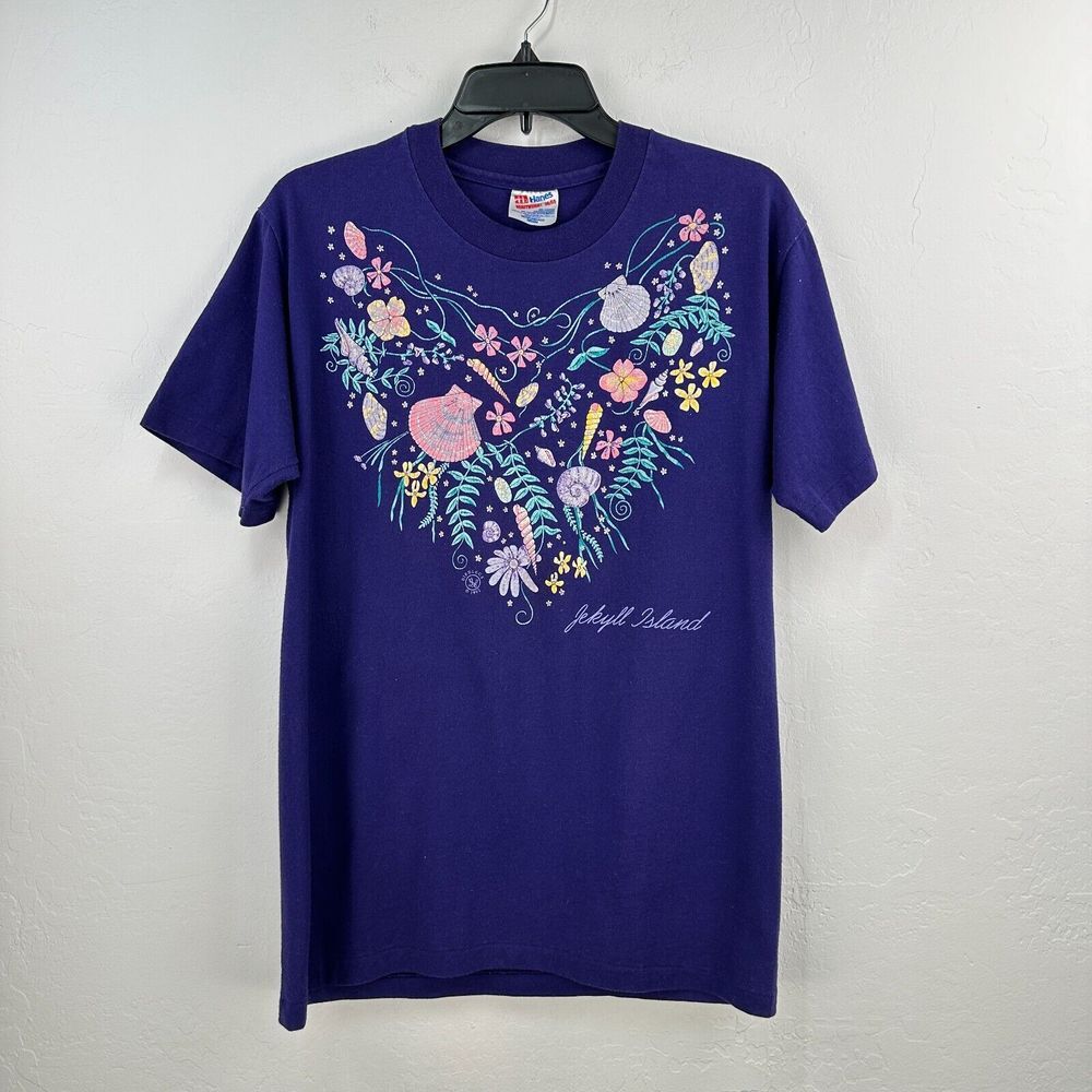 Vintage 90s Hanes Tshirt Women Medium Purple Jekyll Island Short Sleeve Pullover
